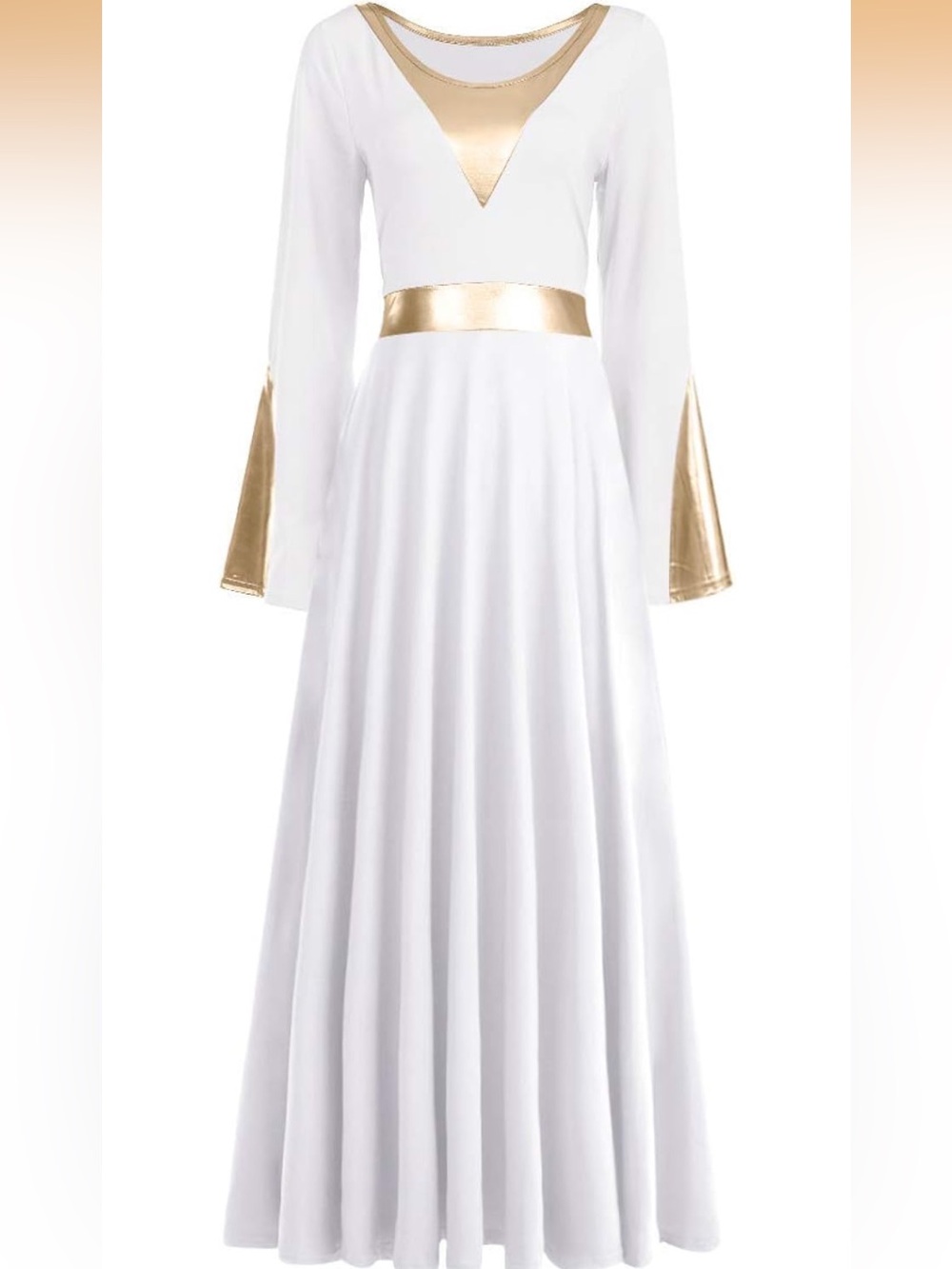 Metallic Liturgical Praise Dance Dress Bell Long Sleeve Lyrical Dancewear Gown